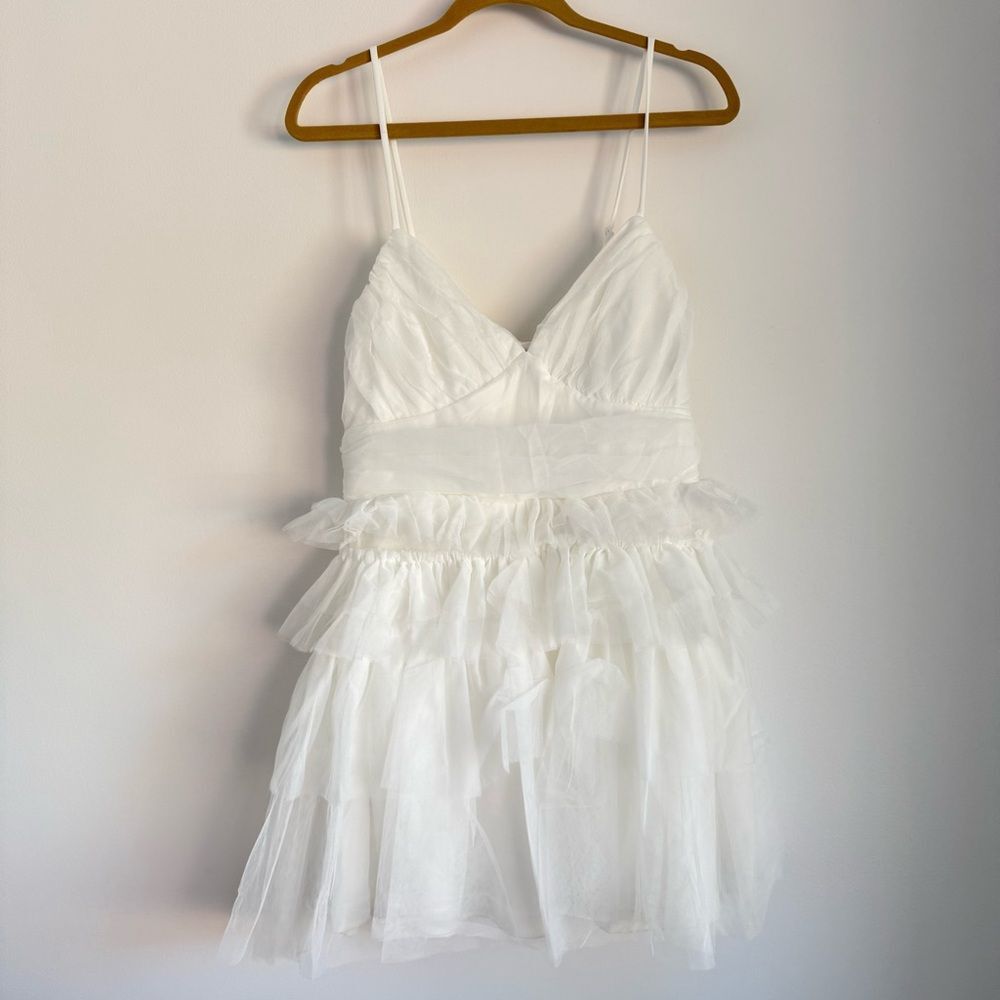 NWT Lulus Special Poise White Tulle Pleated Sleeveless Tiered Mini Dress Large - Picture 5 of 7